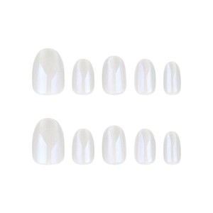 Short oval aurora cat eye press on nails in pearl white shimmer finish set