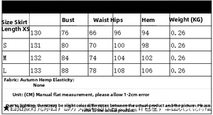 Detailed size chart for printed midi dress showing length, bust, waist and hip measurements
