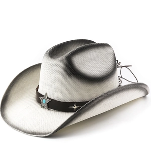 Western Cowboy Straw Hat Wide Brim Sun Protection Braided Paper Hat With Leather Band Metal Star Turquoise Decor