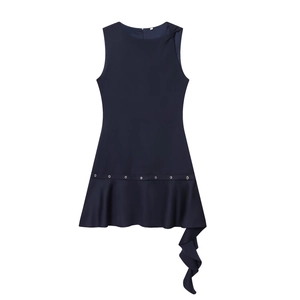 Sleeveless Mini Dress Navy Blue Polyester Asymmetrical Hem Metal Eyelets Ruffle Trim Elegant Party Wear For Women