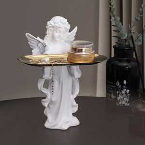 White angel resin sculpture tray with gold and black metal plate for home decor