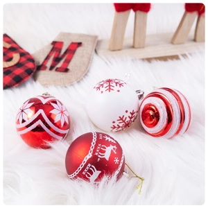 Close-up of decorative Christmas balls and festive stockings on white faux fur surface