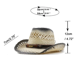 Size chart showing 56-58cm circumference and 7cm brim for the straw cowboy hat
