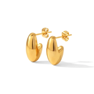 Minimalist 18K gold plated stainless steel oval stud earrings with high polish finish