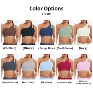 Detail showing ten available colors of the asymmetric one-shoulder yoga sports bra