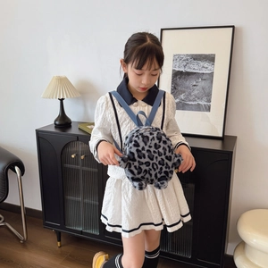 Kids plush leopard print backpack with blue straps for stylish preschool children