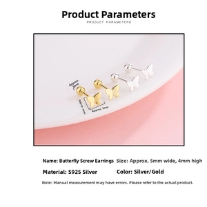 Detail view of mini S925 sterling silver butterfly screw stud earrings in gold and silver
