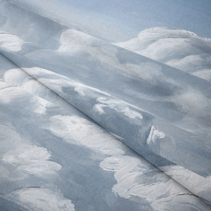 Close-up of soft blue sky and cloud print tapestry showing fine velvet texture