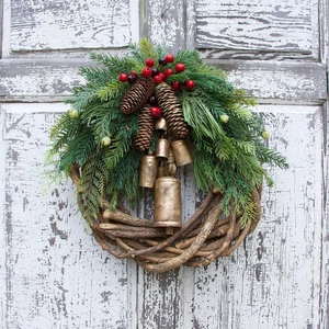 Christmas Wreath Artificial Pine Branches Pine Cones Red Berries Metal Bells Rattan Vine Door Hanging Vintage Holiday Decor
