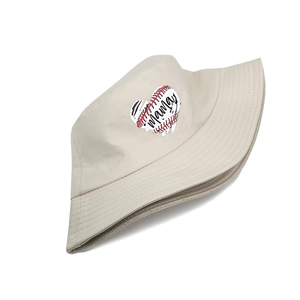 Close-up of heart embroidery and MAMA text on beige cotton bucket sun hat