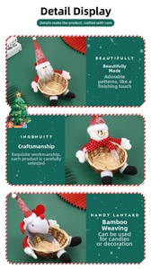 Détail de paniers à bonbons de Noël en bambou avec figurines en peluche de Père Noël