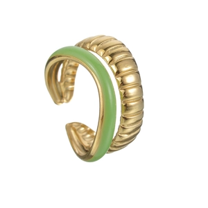 French vintage double-layered gold ring with avocado green enamel and croissant texture