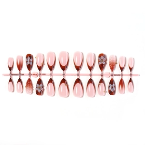 Brown leopard marble and pink French almond press-on nails with 3D floral and pearl accents