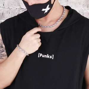 Men's silver titanium steel square link chain necklace and bracelet on male model