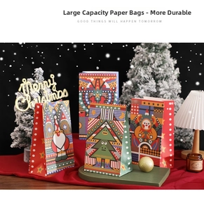 Detailed view of assorted Christmas gift paper bags with Santa and geometric patterns