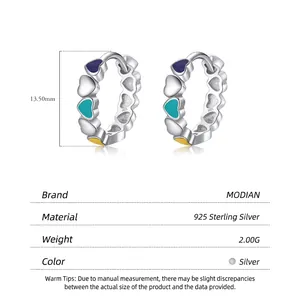 S925 sterling silver hoop earrings with colorful enamel hearts, 13.5mm diameter