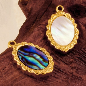 Macro detail of oval 304 stainless steel pendants with white shell and colorful abalone