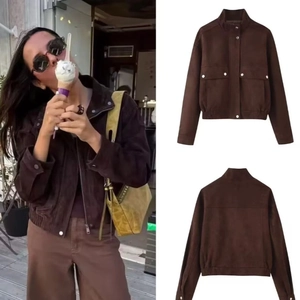 Giacca Casual Da Donna In Finta Pelle Scamosciata Collo Alto Cerniera Cappotto Utility Con Tasche Tinta Unita Streetwear