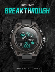Detailed view of SANDA dual display sports watch dial with 30M water resistance