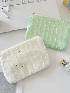 Sequin floral chiffon coin purses in mint green and cream white with zipper closure