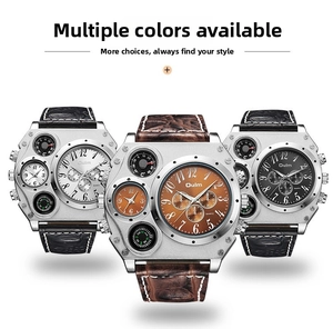 Three multi-timezone quartz watches with leather straps showing compass and thermometer