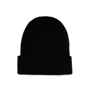 Detailed view of black ribbed knit beanie with classic folded cuff design and texture