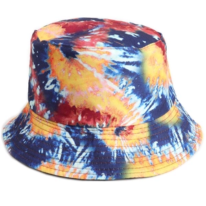 Tie-dye double-sided bucket hat with 3D colorful fireworks pattern for sun protection