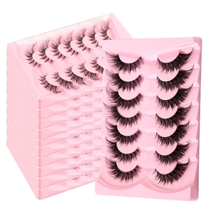 7 pairs of transparent band fox eye false eyelashes with winged ends in pink tray