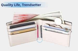 Detail view of beige leather bifold wallet featuring multiple card slots and zipper coin pocket