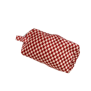 Samt-Kosmetiktasche mit rot-weißem Karomuster, weicher Textur und Reißverschluss