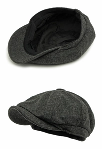 Detailed views of dark grey herringbone newsboy hat with textured wool and black lining