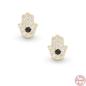 Detailed view of gold plated S925 sterling silver Hamsa Hand earrings with blue eye stone
