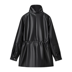 Black PU faux leather drawstring waist jacket for women shown from back view on white backdrop