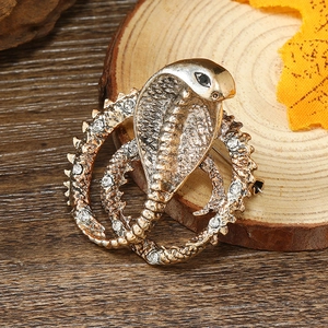Close-up of vintage snake brooch with micro-pave crystals and antique gold finish
