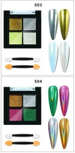 Detail view of 4-color solid aurora nail powder palettes S03 and S04 with sponge applicators