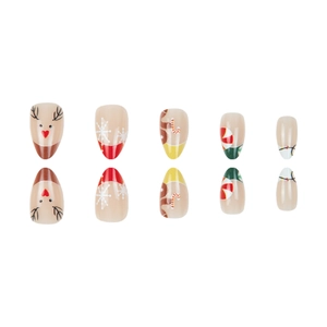 Christmas almond press-on nails set featuring reindeer, snowflakes, and festive patterns