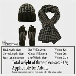 Winter knit set with checkered beanie, touch-screen gloves and scarf in olive green