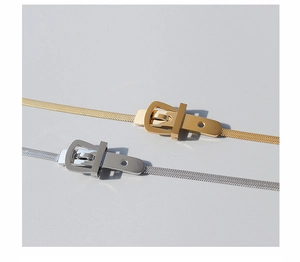 Detail of gold and silver belt buckle style snake chain necklace in stainless steel