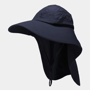 Navy blue sun hat with neck flap and wide brim for outdoor fishing and UV protection