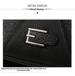 Detailed macro view of adjustable metal buckle and leather texture on a winter flat cap
