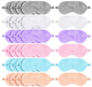 Detailed overhead view of 30 plush sleep masks in six soft tie-dye pastel colors