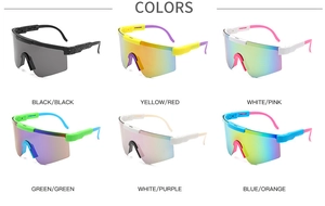 Grid display of six colorful sports cycling sunglasses with various coated lenses