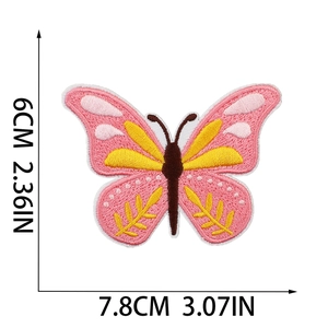 Detailed size chart of pink butterfly embroidered patch showing 7.8cm width and 6cm height
