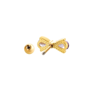 Elegant gold titanium steel bow earrings with purple crystals and screw back ball closure