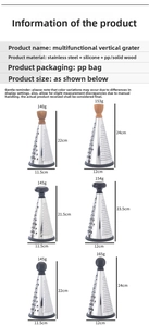 Size chart showing stainless steel grater dimensions with wood and plastic handles