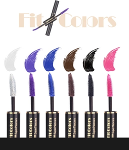 Showcase of six colorful waterproof mascaras including white, blue, and purple tones