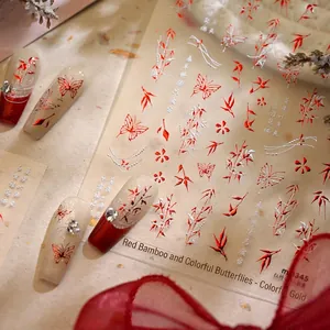 Oriental style nail art stickers M1345 featuring red bamboo leaves and butterfly designs