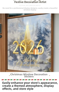 Close-up of golden reindeer and Merry Christmas static stickers for festive window decoration