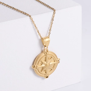 Retro Compass Pendant Necklace 304 Stainless Steel 18K Gold Plated Nautical Star Frosted Finish Vintage Jewelry For Women Men