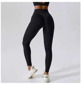 Rear view of high waist yoga pants with V-shaped stitching for a lifting effect